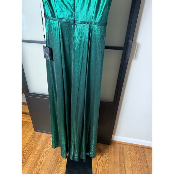 NWT Ieena for Mac Duggal Green Cap Sleeve Deep V Neck High Slit Metallic Gown 4 - Picture 4 of 9